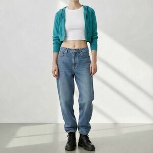 Vintage Y2K 2000s Rave Cropped Hoodie Zip Up Stretch Terry Knit Teal